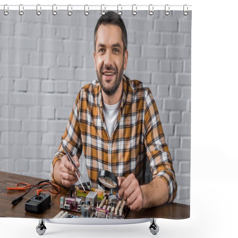 Personality  Handsome Smiling Computer Engineer With Tweezers And Magnifying Glass Repairing Motherboard Shower Curtains