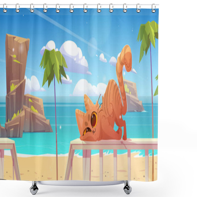 Personality  Cute Cat Rubs Against Fence On Wooden Terrace On Sea Beach. Vector Cartoon Illustration Of Summer Tropical Landscape With Palm Trees And Funny Tabby Kitten On Railing Of Veranda Shower Curtains