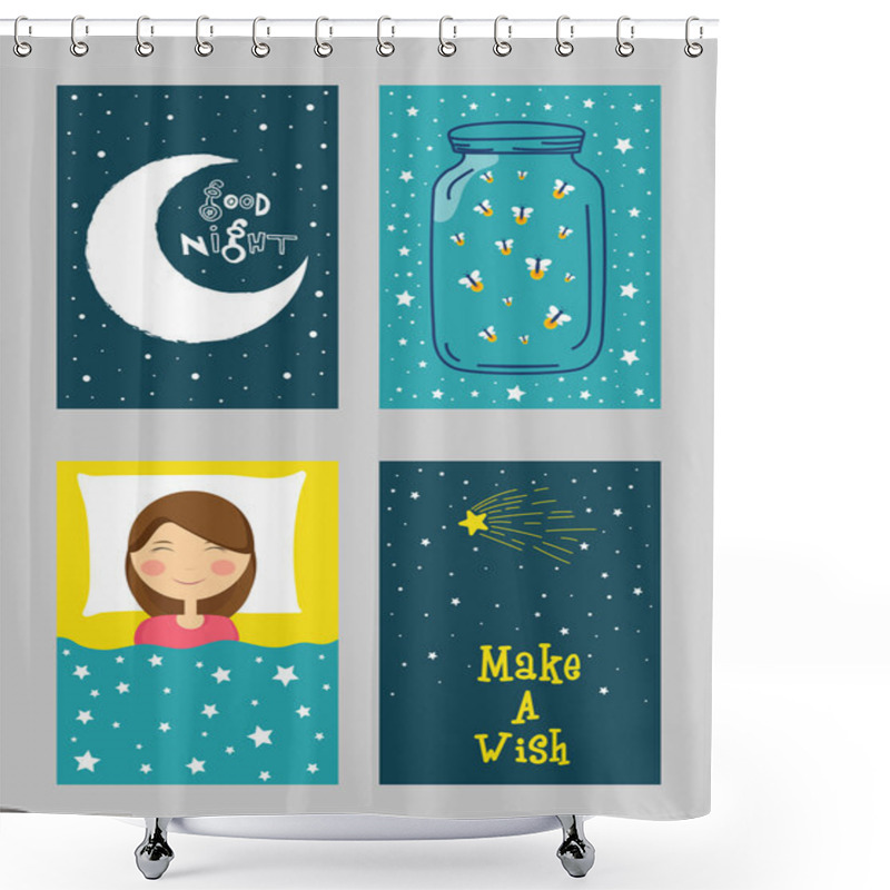 Personality  Good Night Greeting Card Set In Doodle Style. Shower Curtains