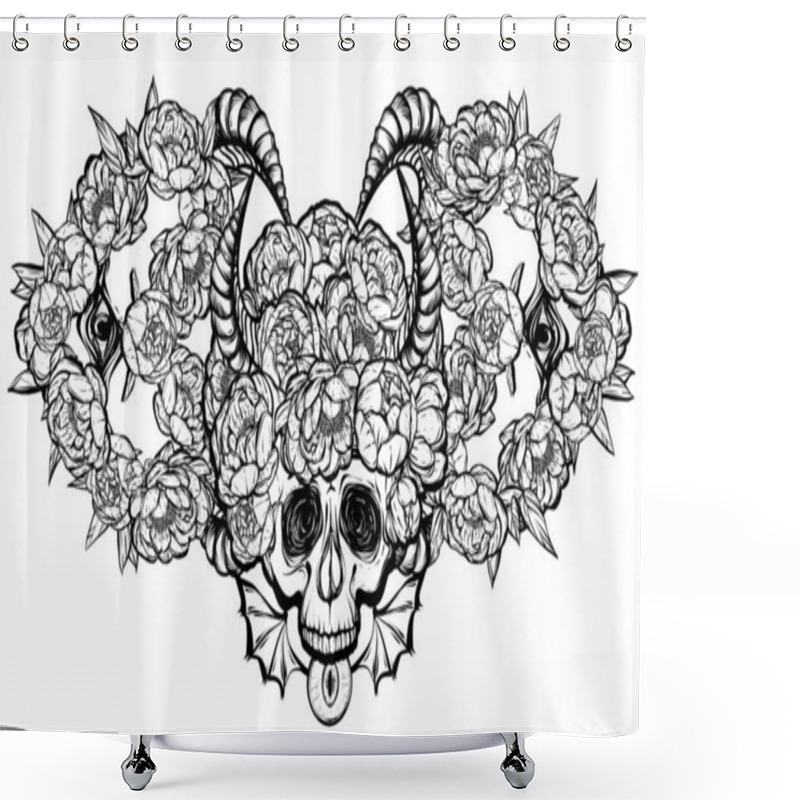 Personality  Vector Illustration. Wreath Of Peony Flowers, Eyes, Horns, Skull, Mysticism, Tattoos. Handmade, Prints On T-shirts. Background White Shower Curtains