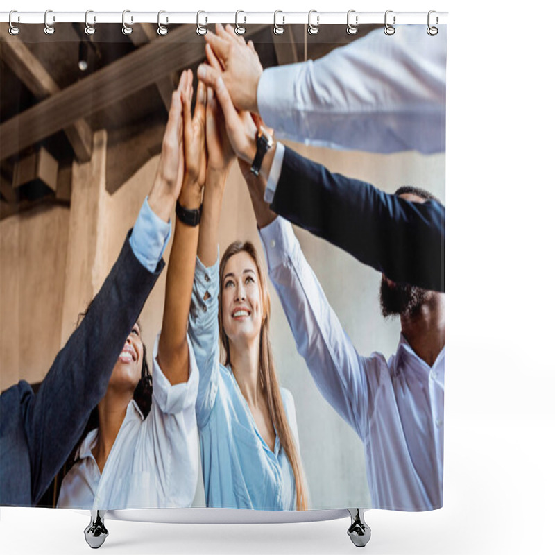 Personality  Joyful Team Of Coworkers Giving High-Five Celebrating Deal In Office Shower Curtains