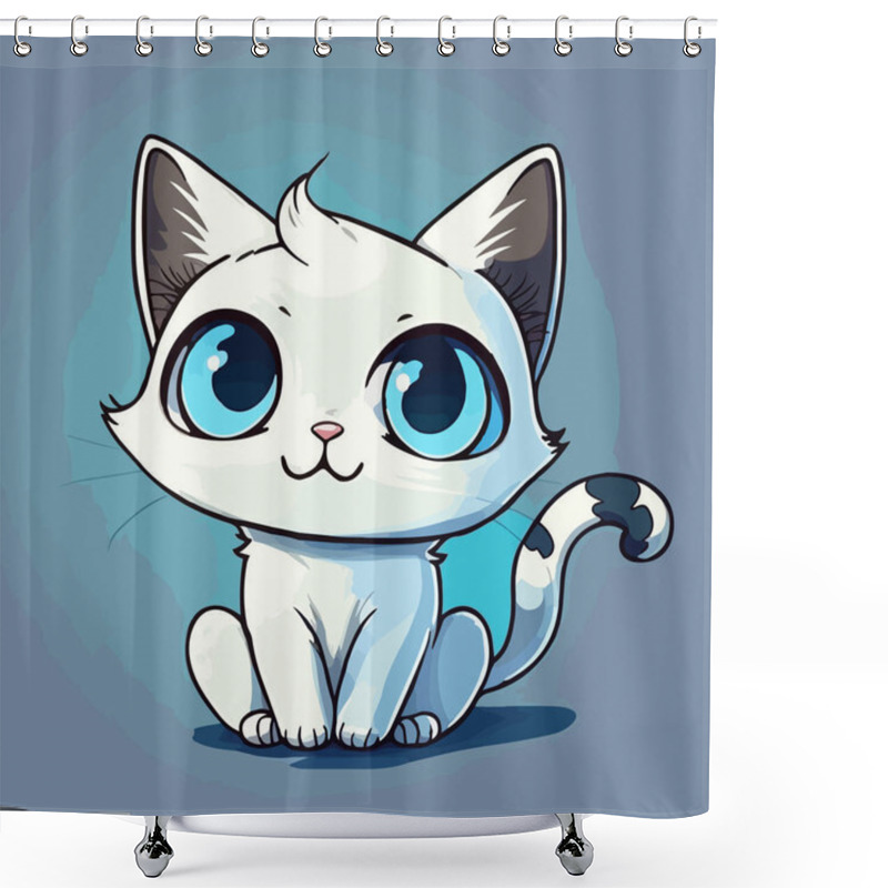 Personality  Cute White Cat With Blue Eyes Cartoon Illustration . High Quality Photo Shower Curtains