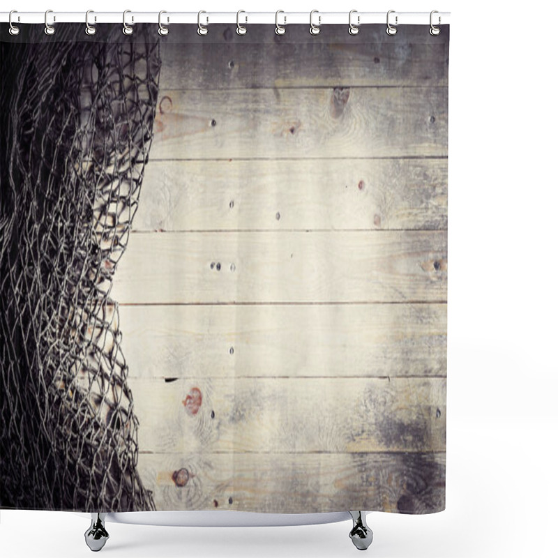 Personality  Fishing Nets On Wooden Planks Shower Curtains