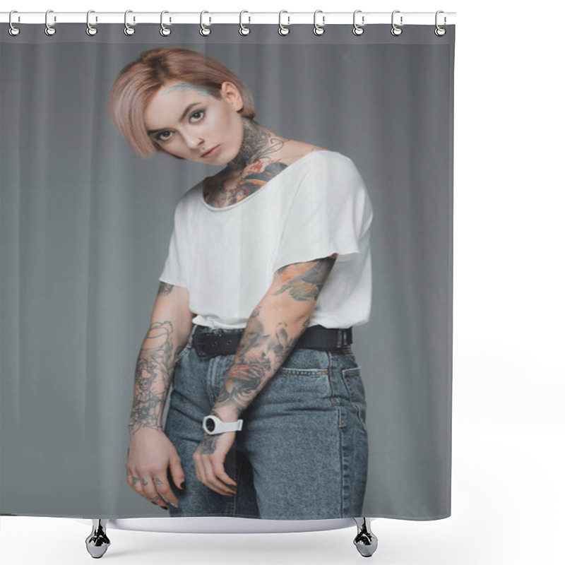 Personality  Portrait Of Beautiful Girl With Tattoos Wearing White T-shirt And Looking At Camera Isolated On Grey Shower Curtains