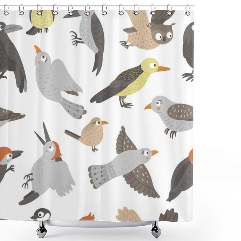 Personality  Vector Seamless Pattern Of Hand Drawn Flat Funny Woodland Birds. Shower Curtains