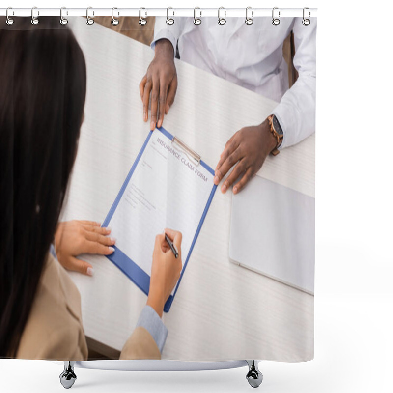 Personality  Overhead View Of Patient Signing Insurance Claim Form Near African American Doctor Shower Curtains