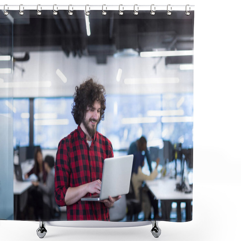 Personality  Smiling Male Software Developer Using Laptop Shower Curtains