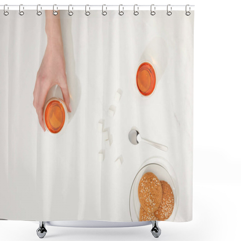 Personality  Cropped Shot Of Human Hand With Cup Of Tea And Tasty Oatmeal Cookies On Grey Shower Curtains