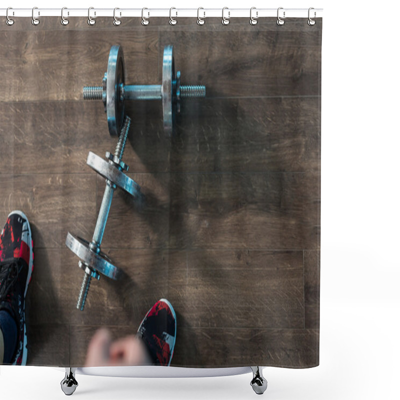 Personality  Top View Of A Dumbells On A Wooden Background In A Gym, Healthz  Shower Curtains