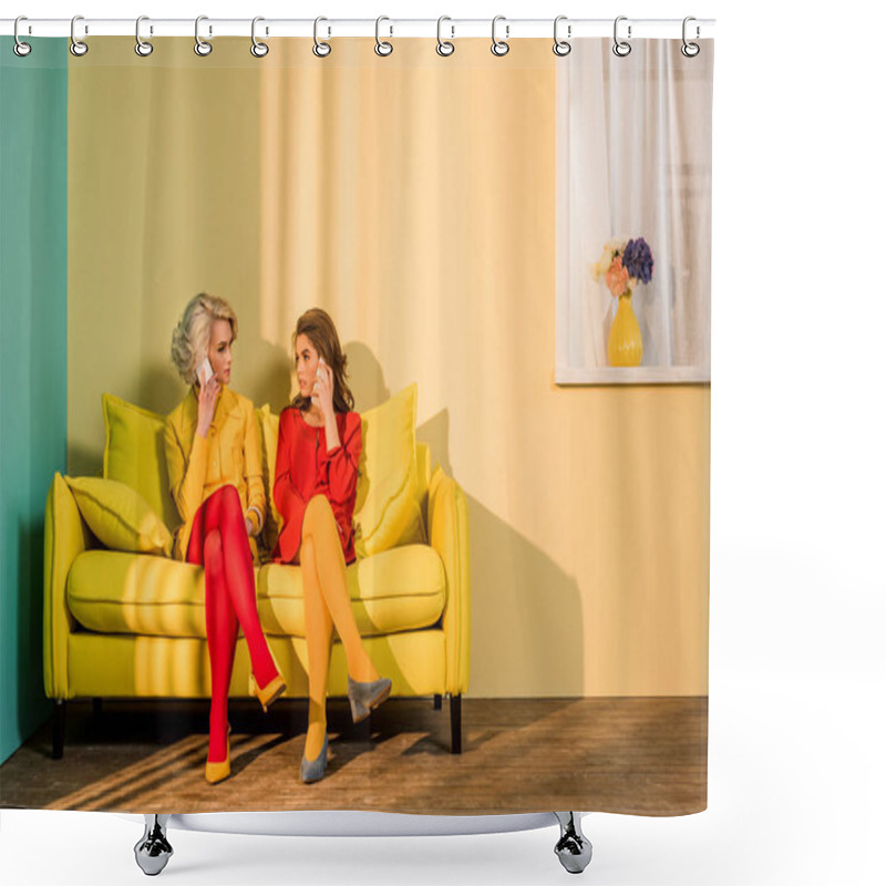 Personality  Retro Styled Women Talking On Smartphones On Yellow Sofa, Doll House Concept Shower Curtains