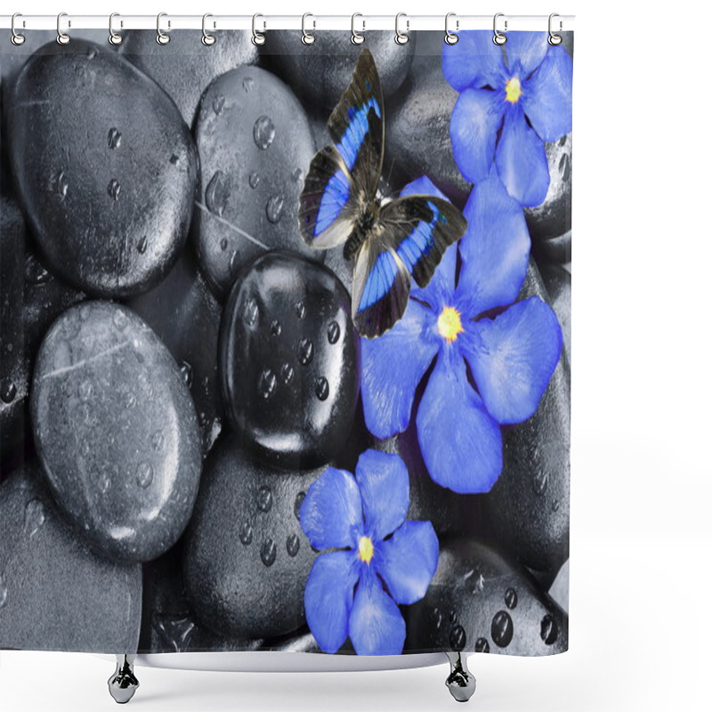 Personality  Blue Flower, Butterfly And Black Stones Shower Curtains