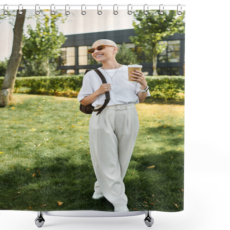 Personality  A Bald Woman Smiles Brightly While Strolling Through A Vibrant Park With A Drink In Hand. Shower Curtains