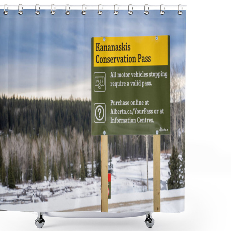 Personality  Kananaskis Alberta Canada, March 29 2022: A New Kananaskis Conservation Pass Sign For Alberta Provincial Park Users. Shower Curtains