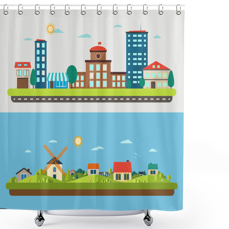 Personality  Urban And Village Landscapes On Blue And Light Background Shower Curtains