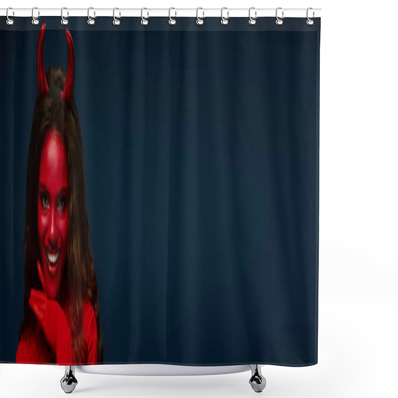 Personality  The Beautiful Woman Poses Confidently In A Bright Red Devil Costume, Radiating Halloween Spirit. Shower Curtains