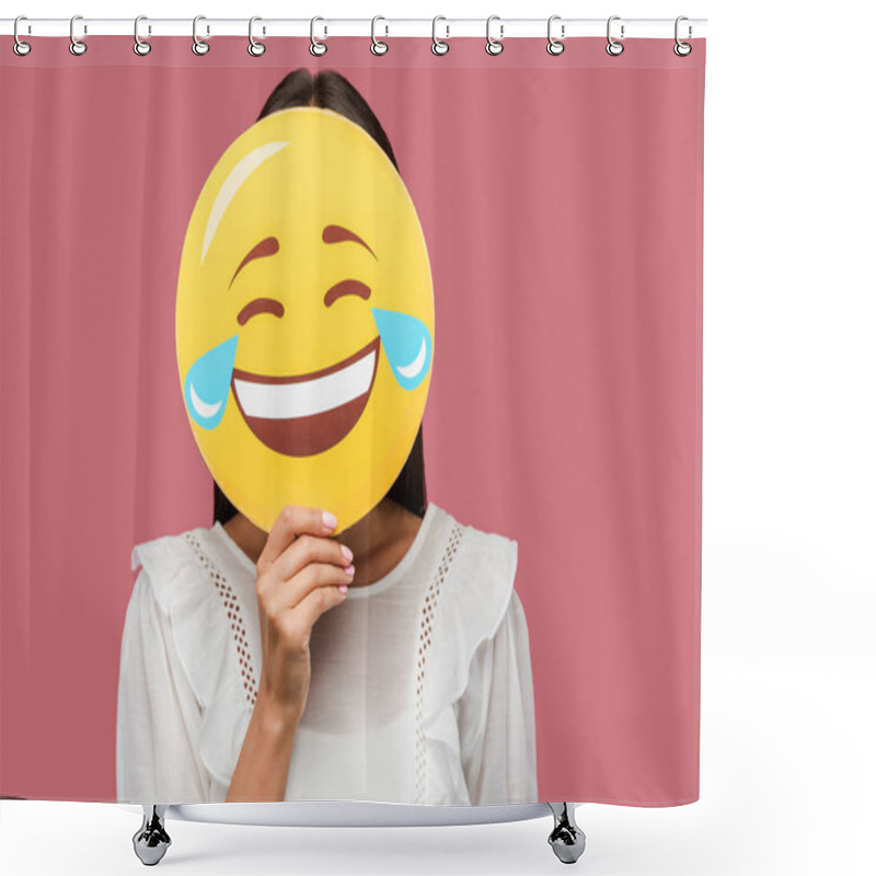 Personality  KYIV, UKRAINE - AUGUST 8, 2019: Young Woman Covering Face With Smiley Isolated On Pink  Shower Curtains