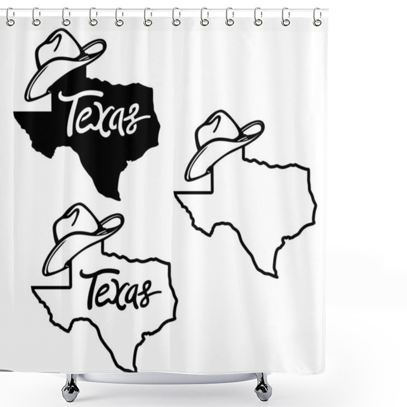 Personality  Texas Map And Cowboy Hat Vector Illustration Of Texas Maps Black Background Silhouette With Western Hats And Text Isolated On White For Design. Texas Sign Symbol Shower Curtains