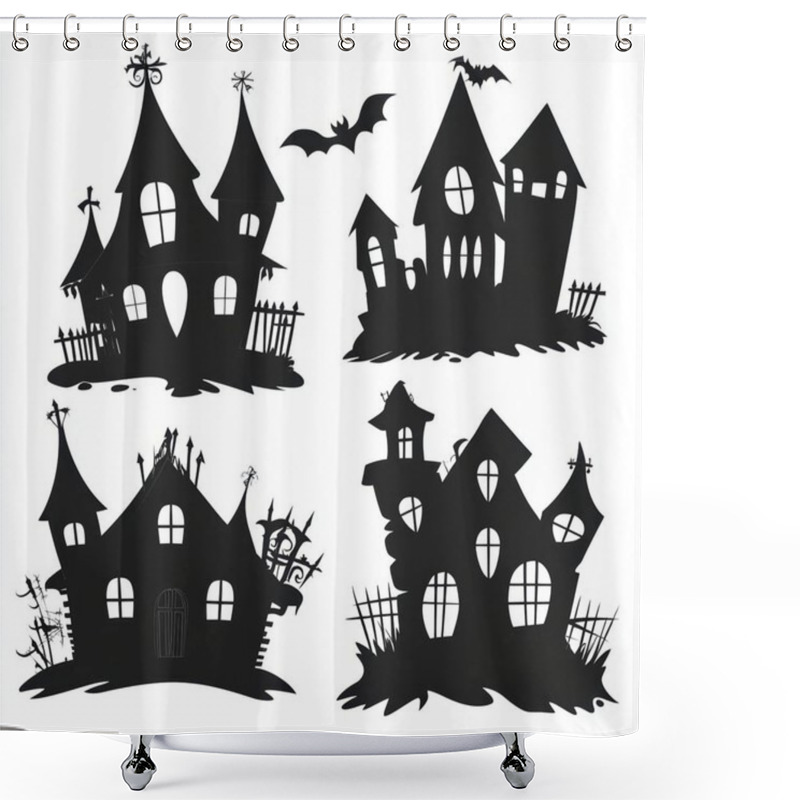 Personality  Four Spooky Haunted House Silhouettes Against A White Background, Perfect For Halloween Decor. Shower Curtains