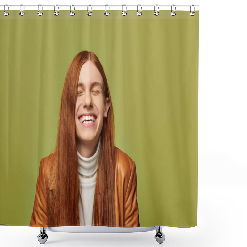 Personality  A Young Man With Long Red Hair Expresses Joy And Warmth While Smiling Happily. Shower Curtains