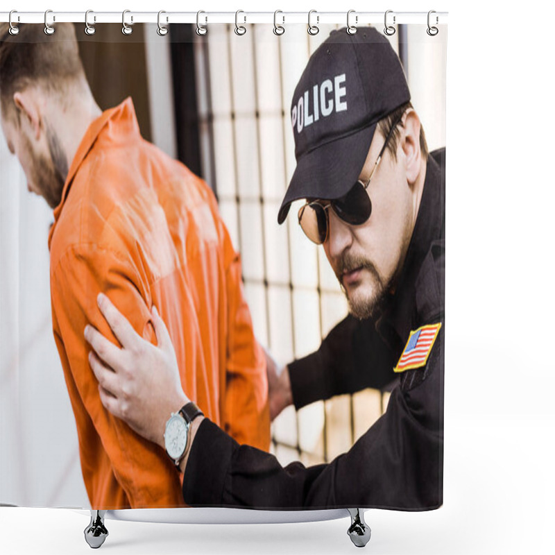 Personality  Prison Officer Leading Convict In Handcuffs Shower Curtains