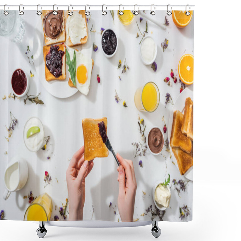 Personality  Cropped View Of Woman Holding Toast And Spreading Chocolate Cream Near Drinks On White  Shower Curtains