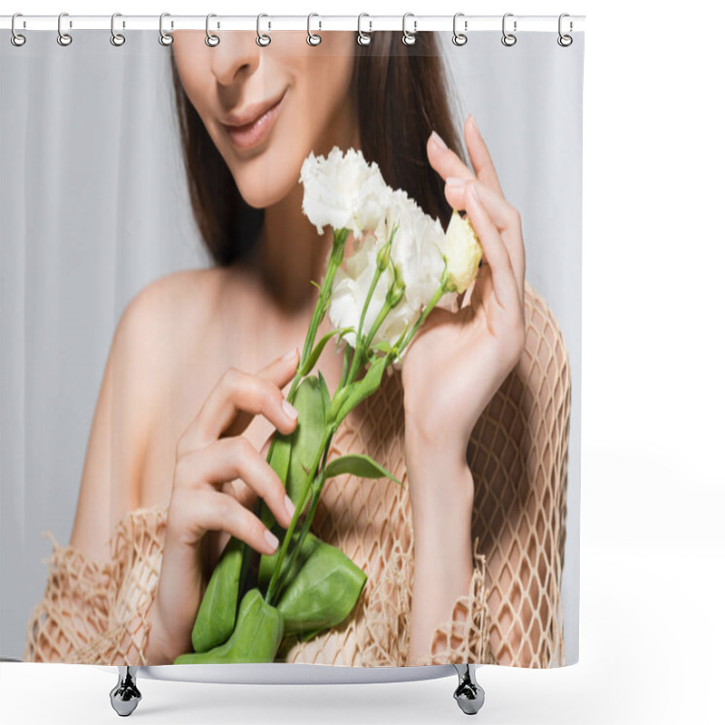 Personality  Partial View Of Smiling Beautiful Brunette Woman With White Carnations Isolated On Grey Shower Curtains