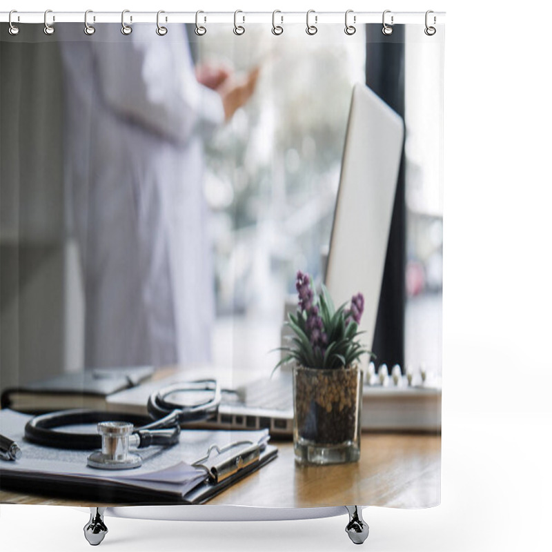 Personality  Close Up Of Stethoscope, Blurred Of Doctor Checking Patient Hist Shower Curtains