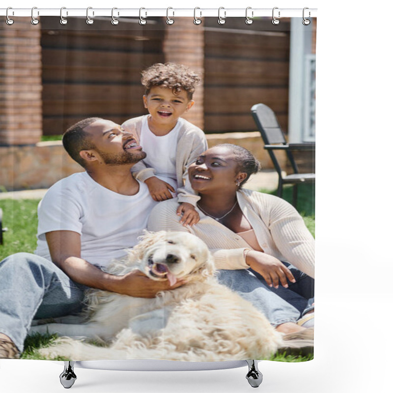 Personality  Quality Time Of Happy African American Parents And Son Smiling And Sitting On Grass Near Dog Shower Curtains