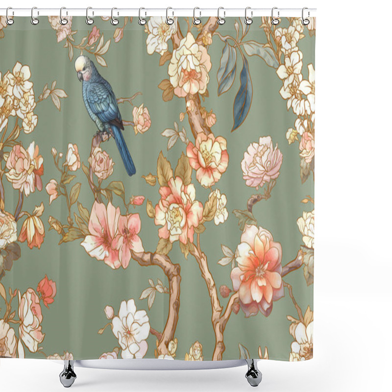 Personality  Blossom Trees With Sparrow And Parrots Seamless Pattern, Background. Vector Illustration. In Chinoiserie, Botanical Style Shower Curtains