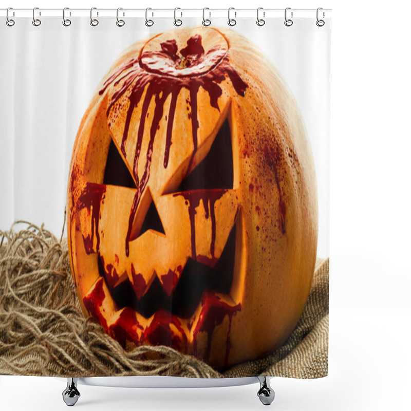 Personality  Bloody Pumpkin, Jack Lantern, Pumpkin Halloween, Halloween Theme, Pumpkin Killer, Bloody Knife, Bag, Rope, White Background, Isolated Shower Curtains