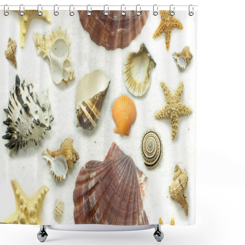 Personality  Seamless Background Cluster Of Seashells On White Sand Shower Curtains