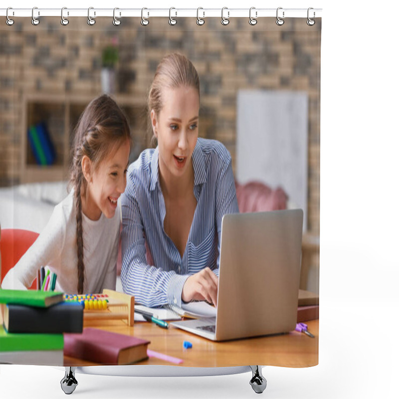 Personality  Cute Girl With Mother Doing Homework At Home Shower Curtains