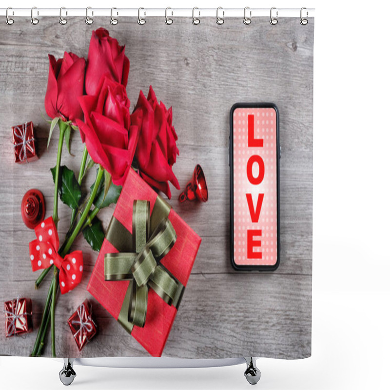 Personality  Happy Valentine's Day Concept With Red Roses, Gift Boxes, Smartp Shower Curtains