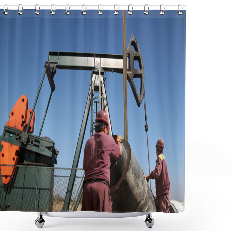 Personality  Workers Install A New Oil Pipeline Shower Curtains