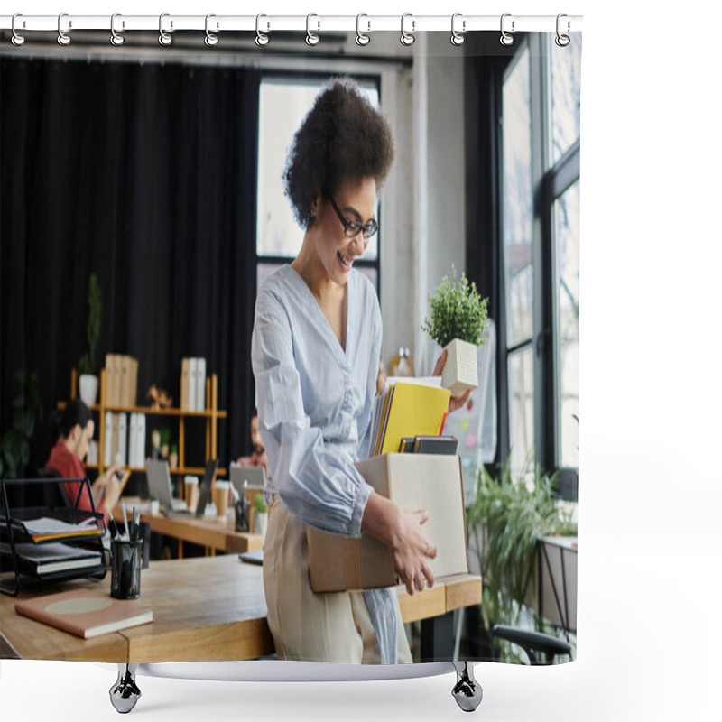 Personality  Young African American Woman Packing Her Items During Lay Off, Colleagues On Backdrop. Shower Curtains