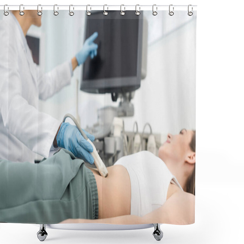 Personality  Cropped View Of Doctor Making Ultrasound Scan Of Stomach And Pointing At Blank Screen  Shower Curtains