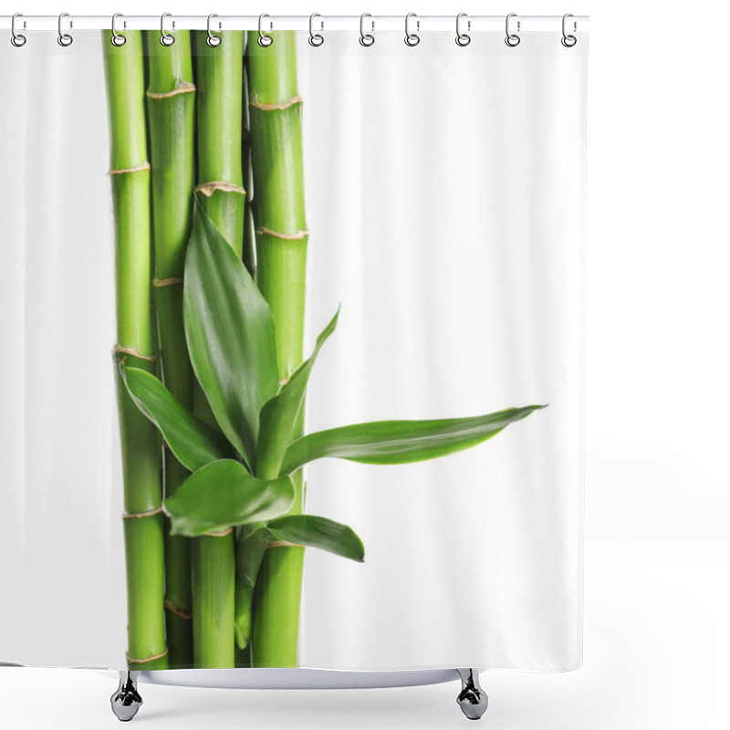 Personality  Green Bamboo Stems With Leaves On White Background Shower Curtains