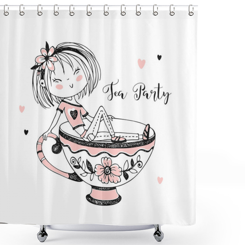 Personality  Cute Girl Drinking Tea. Tea Party. Vector. Doodle Style Shower Curtains