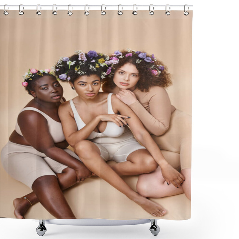 Personality  Body Positive Multiethnic Women In Lingerie With Flowers In Hair Sitting On Beige, Natural Beauty Shower Curtains