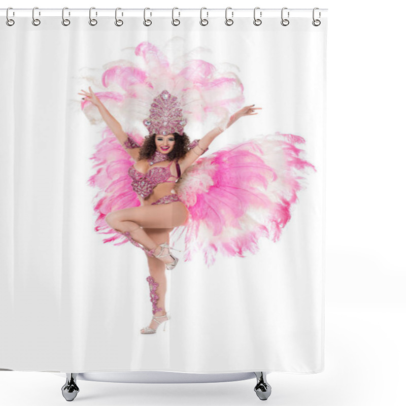 Personality  Smiling Girl Dancing In Carnival Costume With Pink Feathers, Isolated On White Shower Curtains