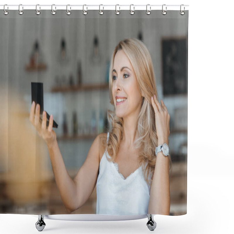 Personality  Woman Looking At Cosmetic Mirror Shower Curtains