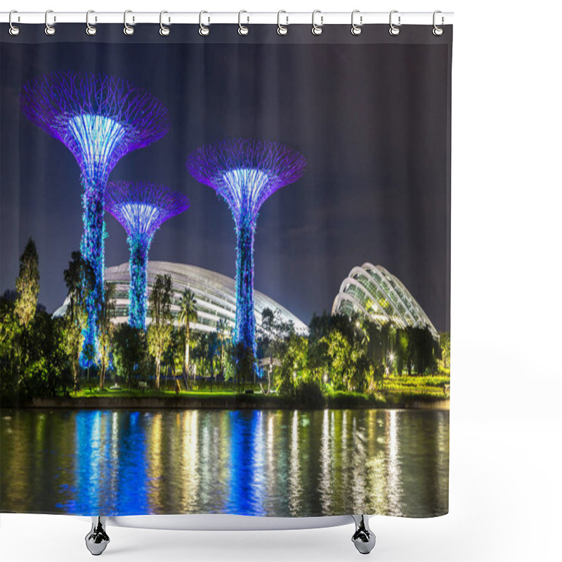 Personality  SINGAPORE - JUNE 23, 2018: The Supertree Grove At Gardens By The Bay And Greenhouse In Singapore Near Marina Bay Sands Hotel At Summer Night Shower Curtains