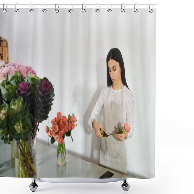 Personality  A Devoted Florist Arranges Fresh Flowers In Her Vibrant Shop, Nurturing Her Small Business. Shower Curtains