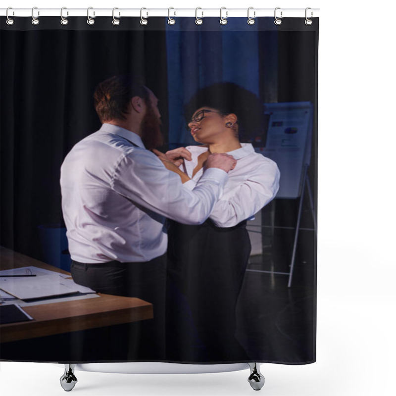 Personality  Businessman Undressing Hot And Charming African American Woman In Eyeglasses In Office, Work Romance Shower Curtains