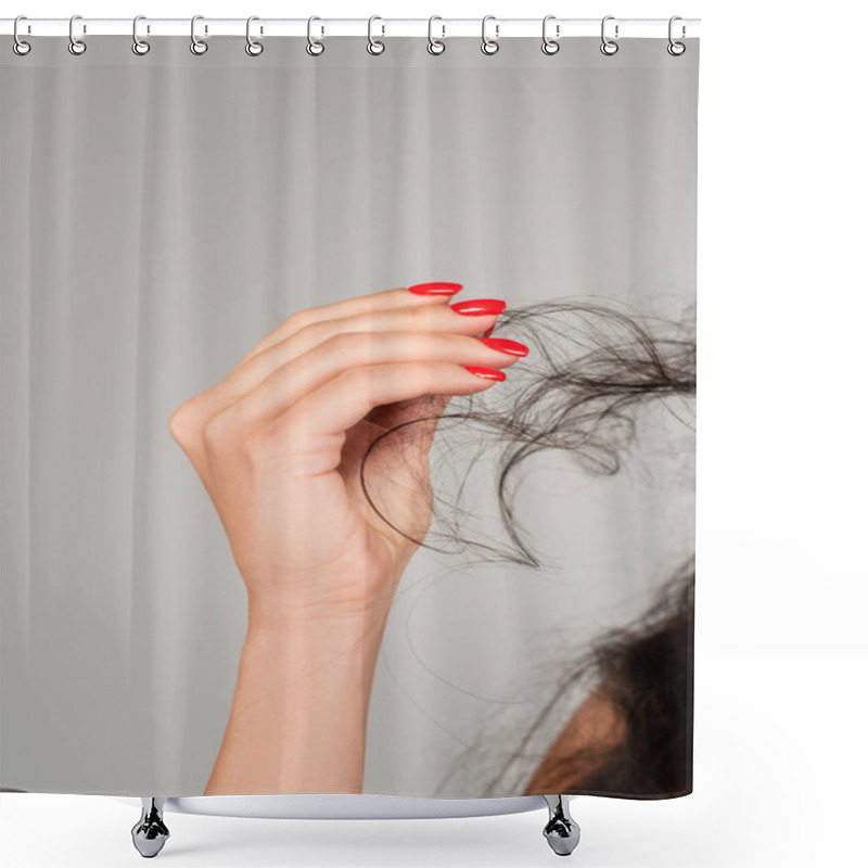 Personality  Cropped View Of Brunette Woman With Red Manicure Holding Damaged Hair Isolated On Grey Shower Curtains