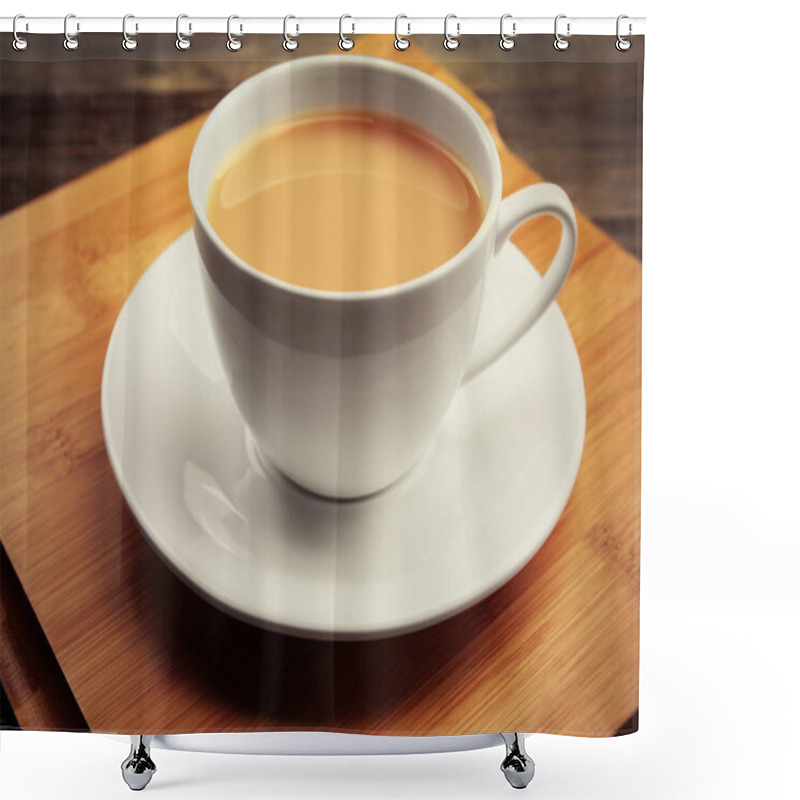 Personality  Porcelain Cup Of Tea With Milk On Wooden Tray, Close Up Shower Curtains