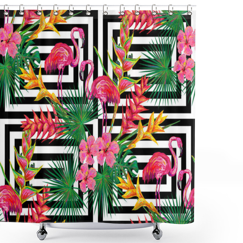 Personality  Seamless Pattern With Flamingos And Flowers Shower Curtains