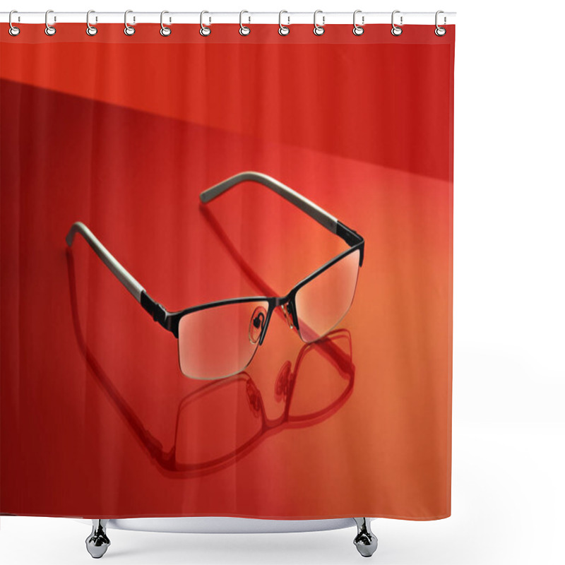 Personality  Modern Fashionable Spectacles On Red Background, Glasses. Studio Shooting. Shower Curtains