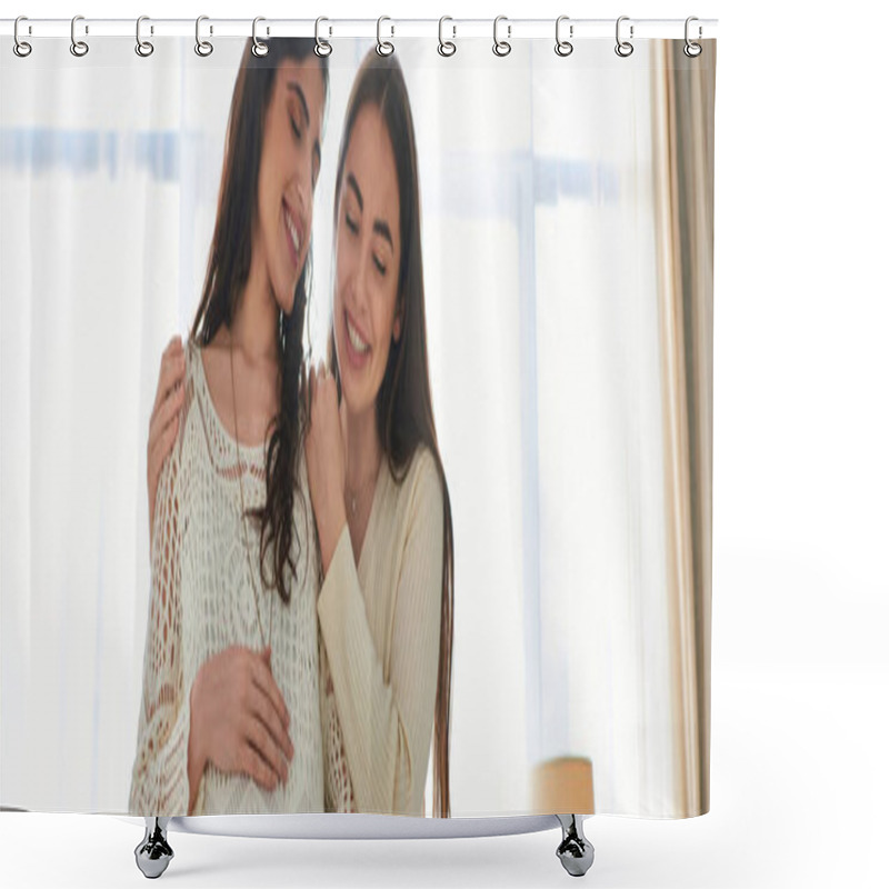 Personality  Happy Lgbt Couple Hugging Warmly With Hand On Pregnant Belly With Closed Eyes, Ivf Concept, Banner Shower Curtains