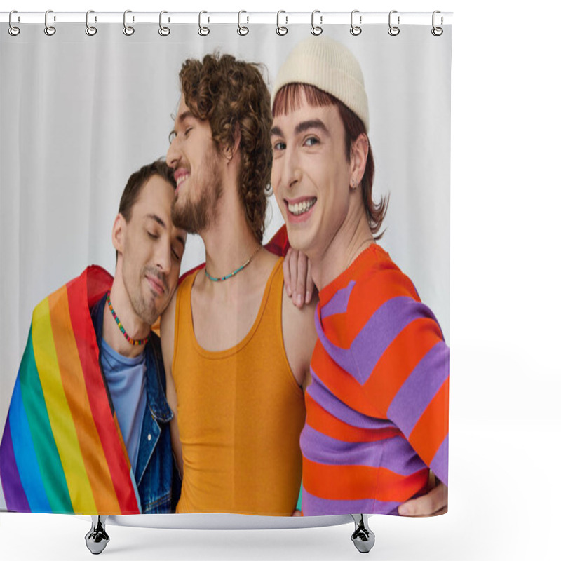 Personality  Three Joyful Stylish Gay Men In Cozy Clothing Posing Actively With Rainbow Flag On Gray Backdrop Shower Curtains